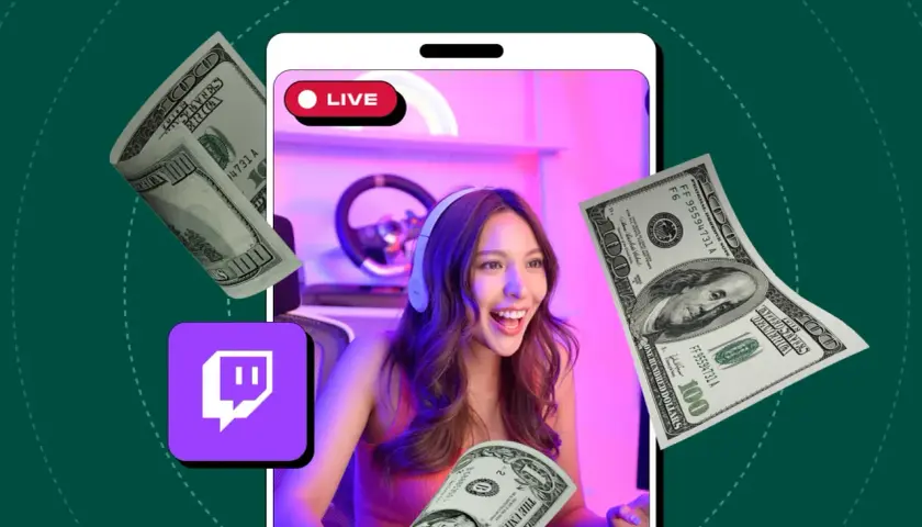 Learn how to set up donations on Twitch with this visual guide featuring a streamer, money, and the Twitch logo.