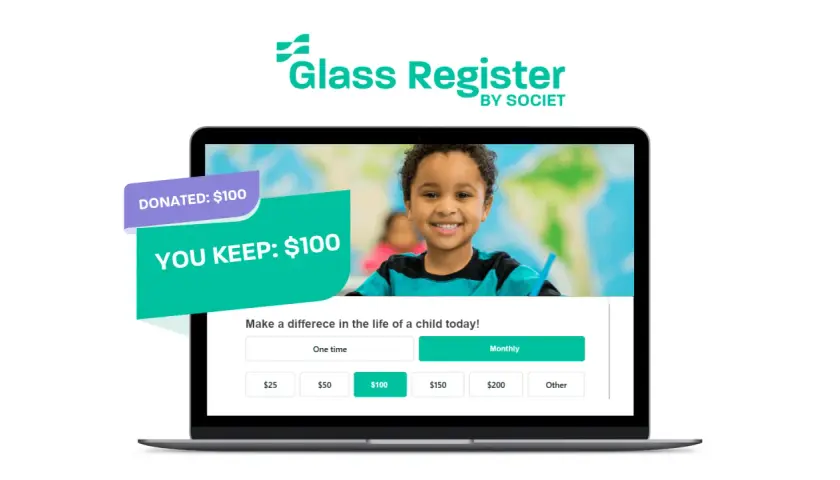 Glass Register by Societ offers free services for nonprofits, showcasing a donation platform with a happy child and clear donation options.