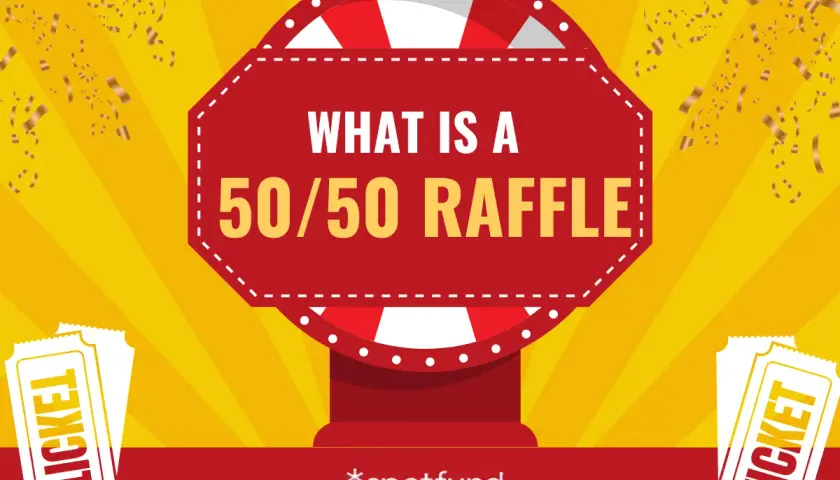 A graphic asks "WHAT IS A 50/50 RAFFLE?" with tickets and confetti, hinting at the legality of 50/50 raffles.