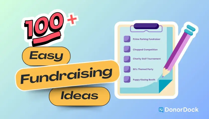 100+ easy fundraising ideas listed on a clipboard, including a prime parking fundraiser and puppy kissing booth.