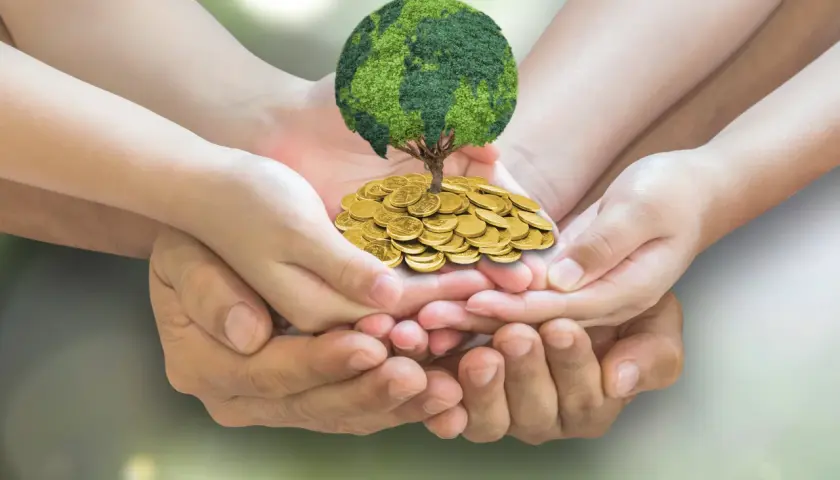 Hands of different ages cradle a tree with a globe for a crown, atop a pile of coins, symbolizing growth and hope for environmental fundraisers.