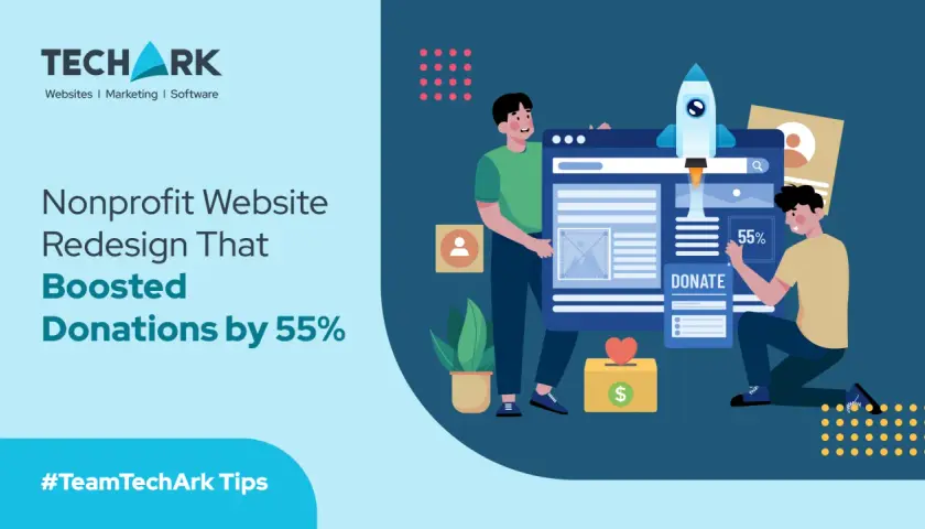 Illustration showing a successful nonprofit website redesign, with a rocket launching from a donation page and a 55% increase in donations.
