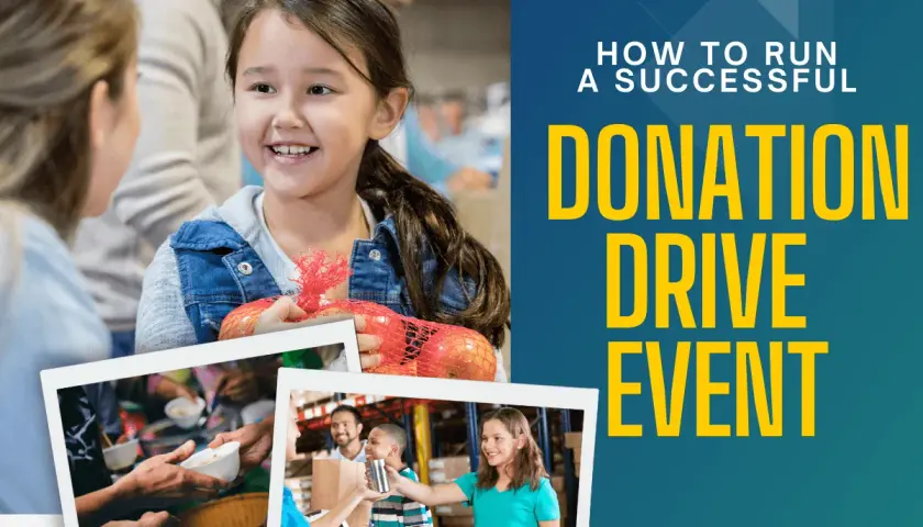 Smiling girl holds apples at a donation drive event. Images show people receiving food and packing donations.