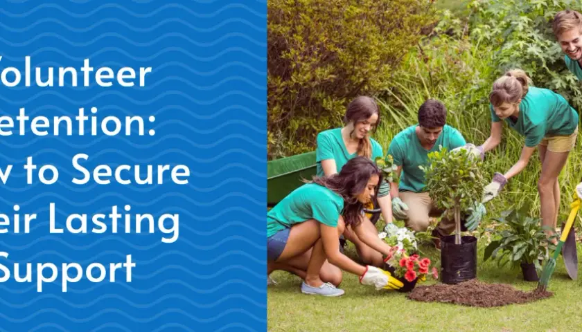 Volunteers planting trees and flowers as part of a community project. The image highlights volunteer retention strategies.