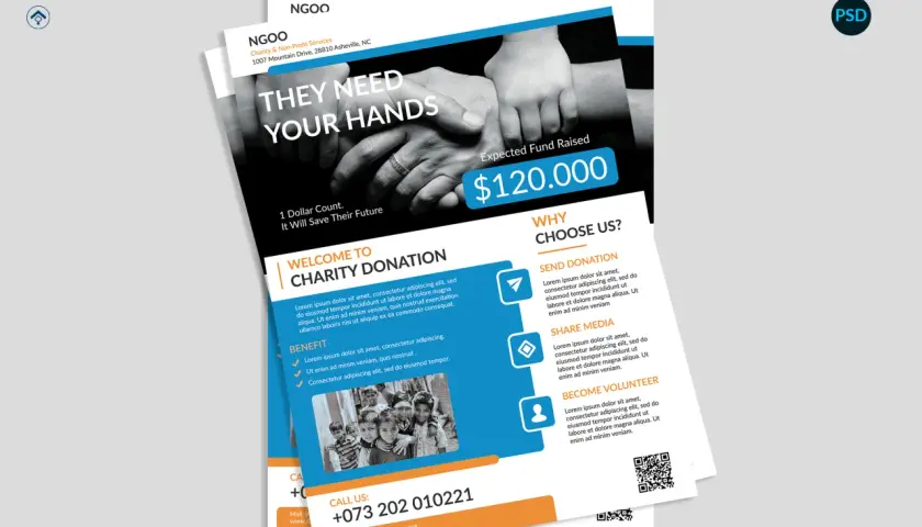Fundraising graphics for "They Need Your Hands" charity, aiming to raise $120,000. Features hands reaching out and children's faces.