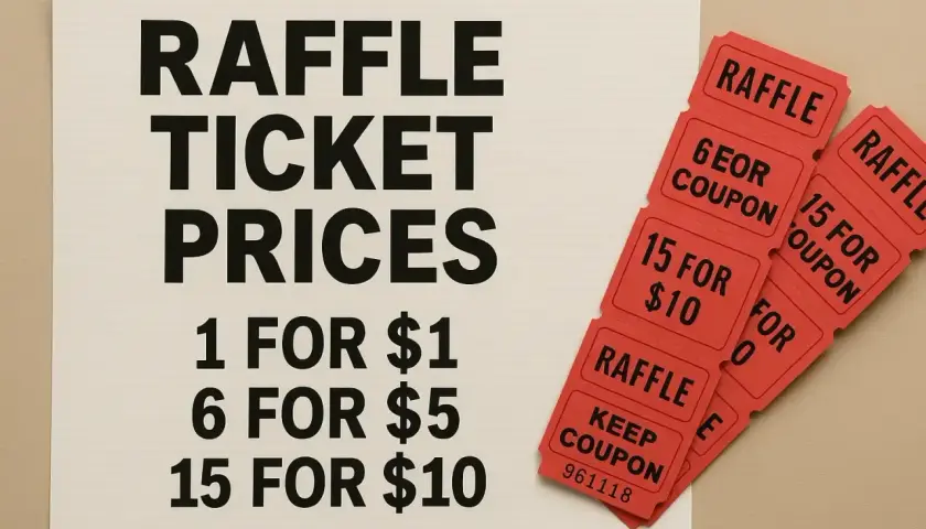 Raffle ticket prices displayed: 1 for $1, 6 for $5, 15 for $10. Red raffle tickets are fanned out.