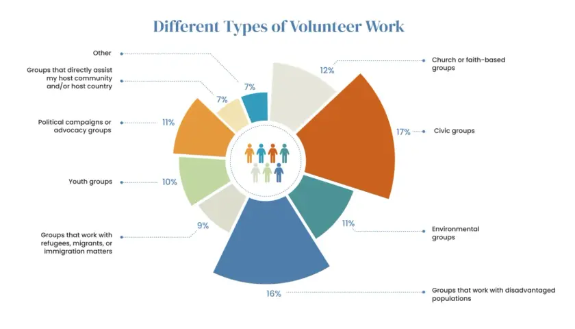 Pie chart showing different types of voluntary work. Civic groups are the largest category at 17%.