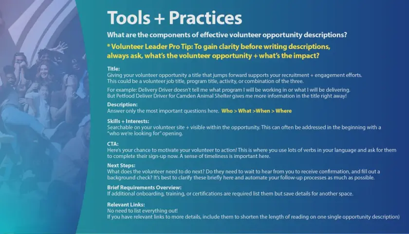 Guide to crafting effective volunteer opportunity descriptions, covering title, description, skills, CTA, and next steps.