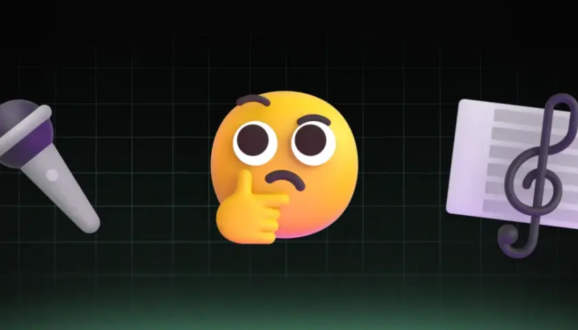 Microphone, thinking emoji, and sheet music. Ideas for choir fundraising are being considered.