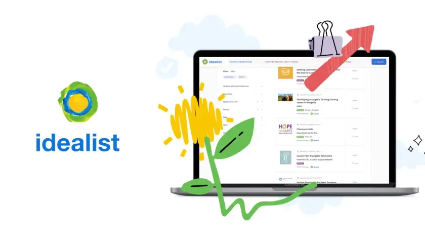 Find online volunteer opportunities on Idealist. The screen shows a laptop displaying various volunteer listings, from remote roles to on-site positions.
