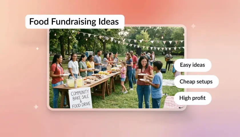 Community bake sale with people serving food. Easy food fundraising ideas for high profit and cheap setups.