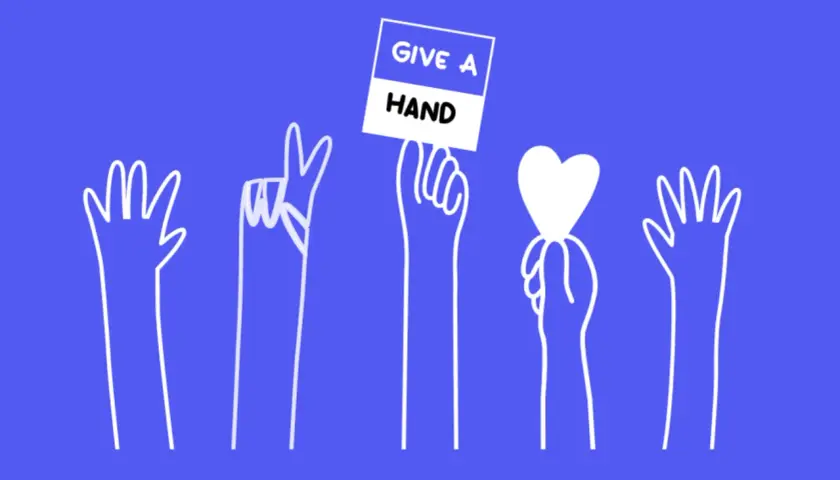 Five white hands reach up against a blue background. One hand holds a sign that says "GIVE A HAND" and another holds a white heart.