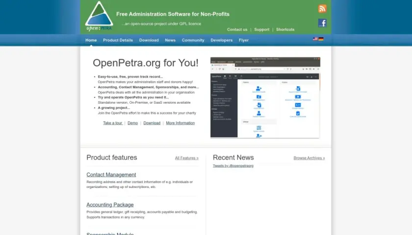 OpenPetra offers free software for nonprofits, managing accounting, contact details, and sponsorships. A demo shows its user-friendly interface.