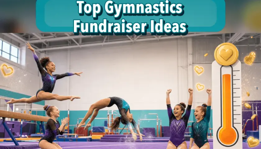 Gymnasts perform while a thermometer graphic shows fundraising progress. Top gymnastics fundraiser ideas are displayed.