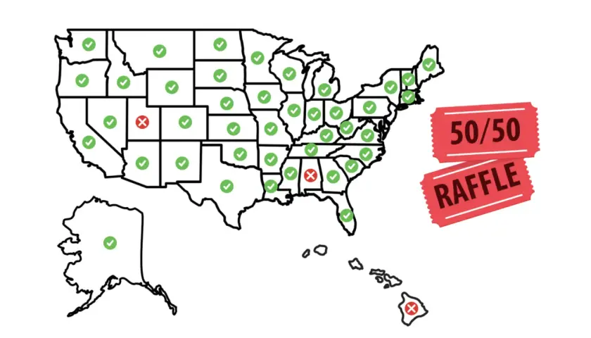 Map of the US showing state legality of raffles. Green checkmarks indicate legality, red X's show restrictions. Florida is marked with a green checkmark, indicating raffles are legal there.
