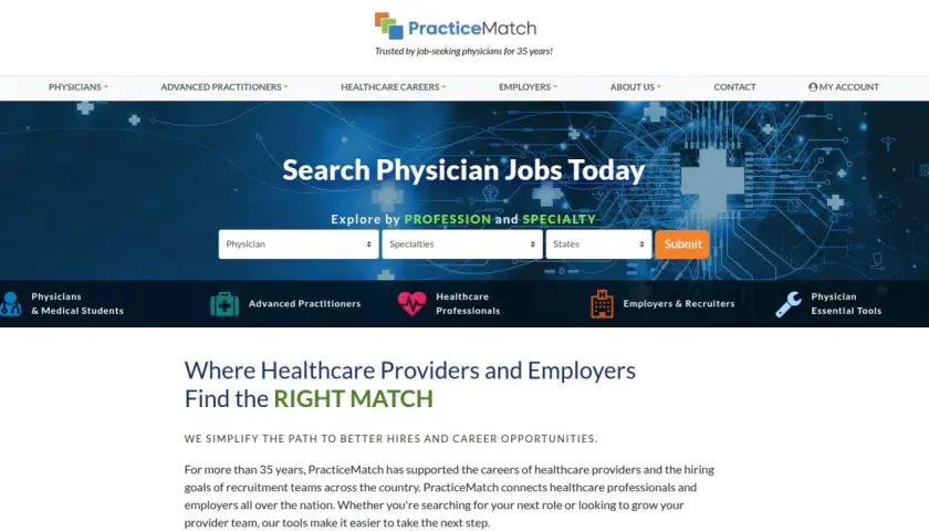 PracticeMatch website for finding healthcare board positions. Search physician jobs by profession and specialty.