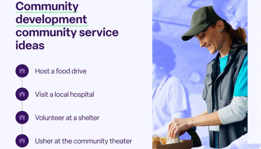 Community development ideas: host a food drive, visit a hospital, volunteer at a shelter, or usher at the community theater.
