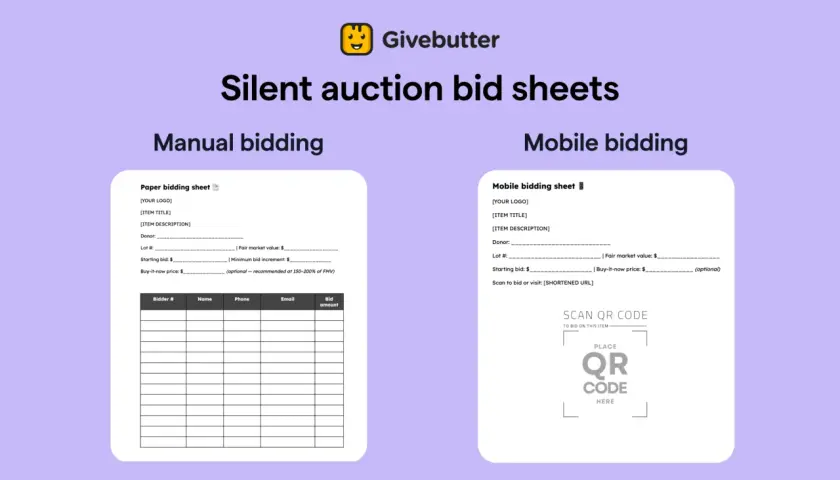 Learn how to run a silent auction online with manual and mobile bidding sheets. This image shows templates for both methods.