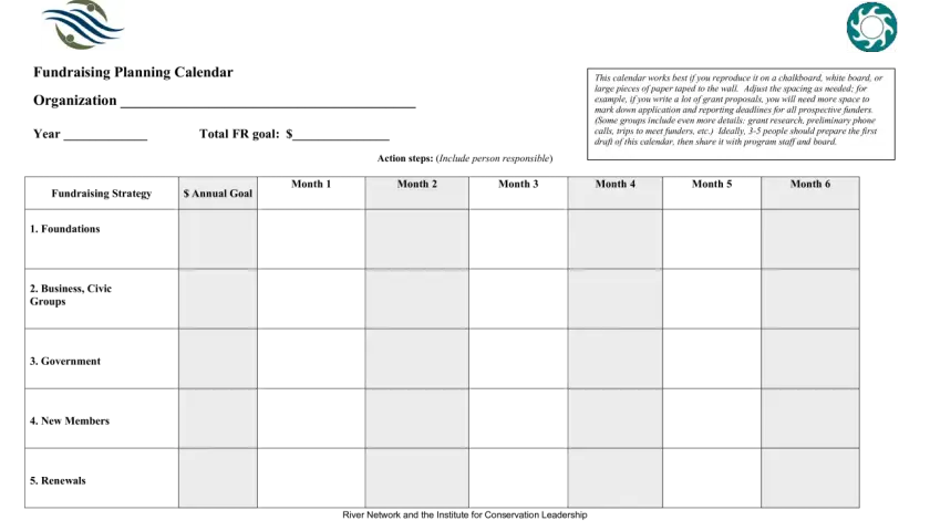 Fundraising planning calendar template with rows for strategies like Foundations and columns for months.