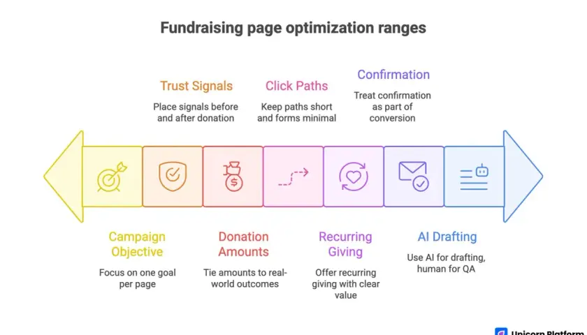 Learn how to start a fundraiser with this guide on optimizing your fundraising page. It covers campaign objectives, donation amounts, trust signals, click paths, recurring giving, confirmation, and AI drafting.