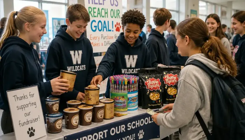 Students sell ice cream and popcorn as part of creative lacrosse fundraising ideas. A sign reads "Help Us Reach Our Goal!