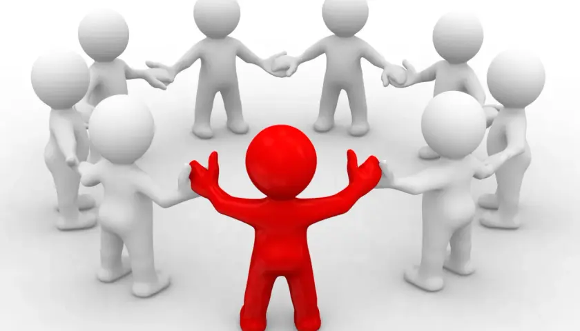 A red figure stands in the center of a circle of white figures, arms outstretched. This symbolizes leadership, like a board chair job description.