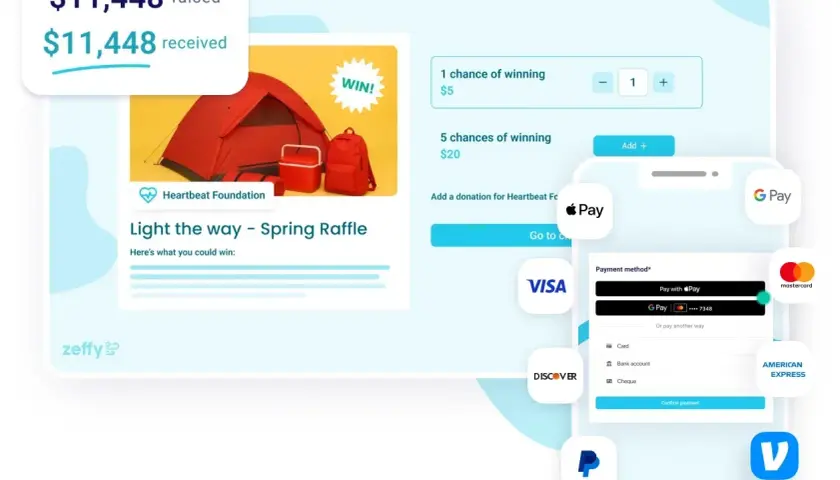 A raffle app interface shows a "Light the way - Spring Raffle" with camping gear as prizes. Users can select chances to win and pay via various methods.