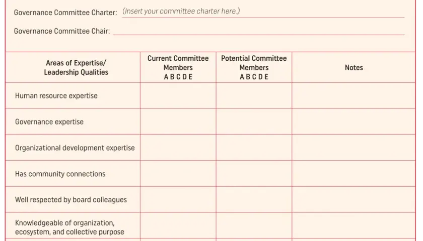A template for a non-profit board committee structure, detailing expertise, current, and potential members for a Governance Committee.