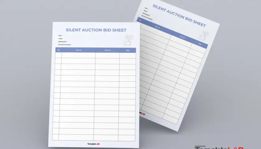 Two blank silent auction bid sheet templates are shown. One is angled, the other flat.