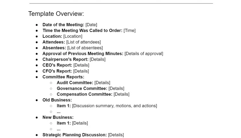 A comprehensive board meeting minutes template outlines key sections like date, attendees, reports, old/new business, and discussion points for effective meeting documentation.