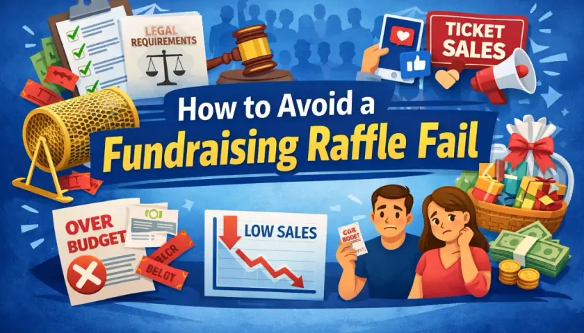 Illustration showing elements of a failed raffle fundraiser: a raffle drum, legal documents, a gavel, low sales graph, over budget papers, and a worried couple.