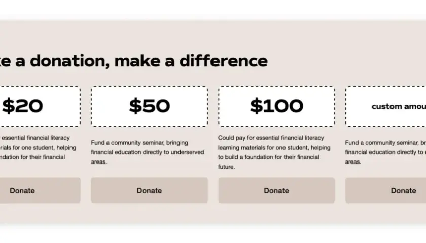 Squarespace donations: options for $20, $50, $100, or custom amounts to fund financial literacy materials or community seminars.