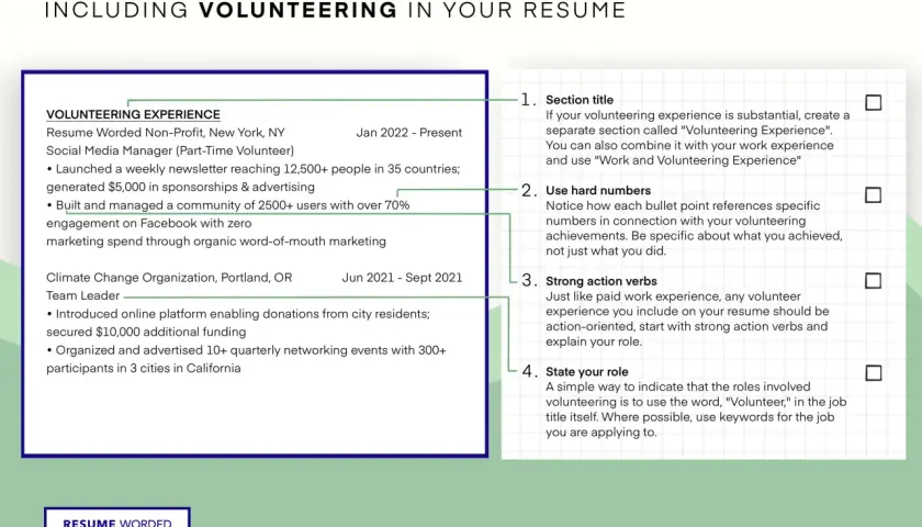 Resume section on "Volunteering Experience" with examples of how to list achievements, emphasizing hard numbers and action verbs.