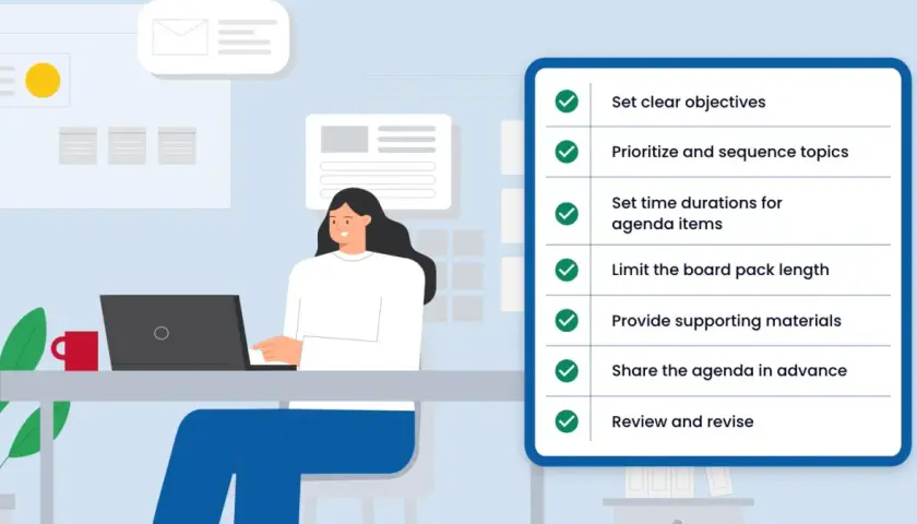A woman works on a laptop, preparing for an executive board meeting agenda. The agenda lists key steps like setting objectives and sharing materials.