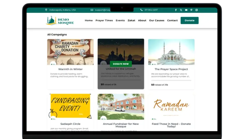 Demo Mosque website showcasing various mosque fundraising campaigns like "Warmth in Winter" and "The Prayer Space Project.