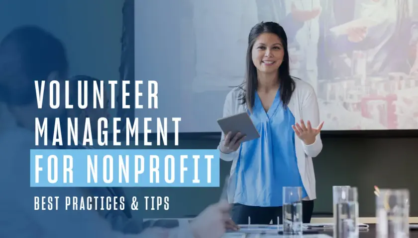 A woman presents volunteer management best practice principles for nonprofits, holding a tablet and gesturing.