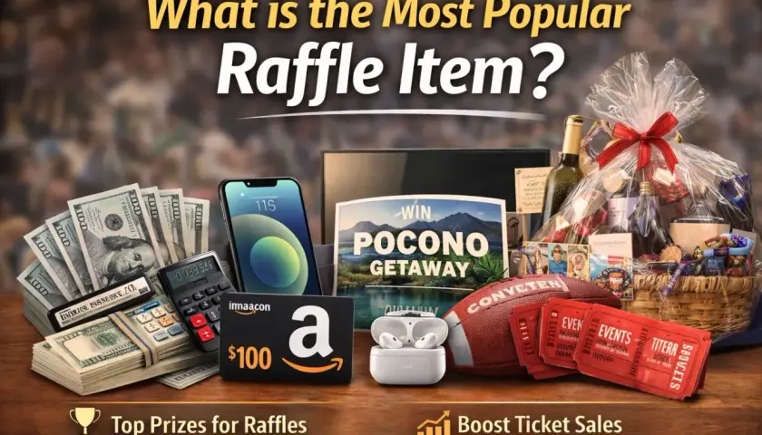 A collection of popular raffle prizes: cash, a smartphone, Amazon gift card, earbuds, a football, tickets, a getaway voucher, and a gift basket.