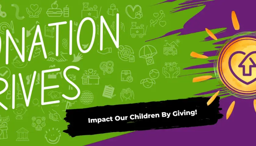 DONATION DRIVES" text with icons of giving and care. A sun icon with a heart and arrow symbolizes impact.