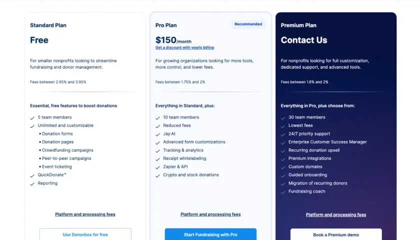 Donorbox pricing plans: Free, Pro ($150/month), and Premium. This is a legitimate platform for nonprofits to manage donations.