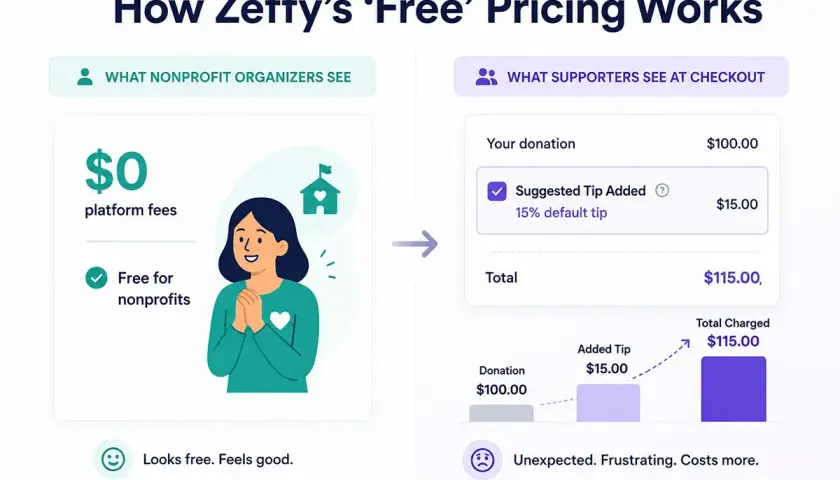 Zeffy offers free online ticket sales for nonprofits, showing $0 platform fees to organizers. Supporters see a donation plus a suggested tip, leading to unexpected costs.