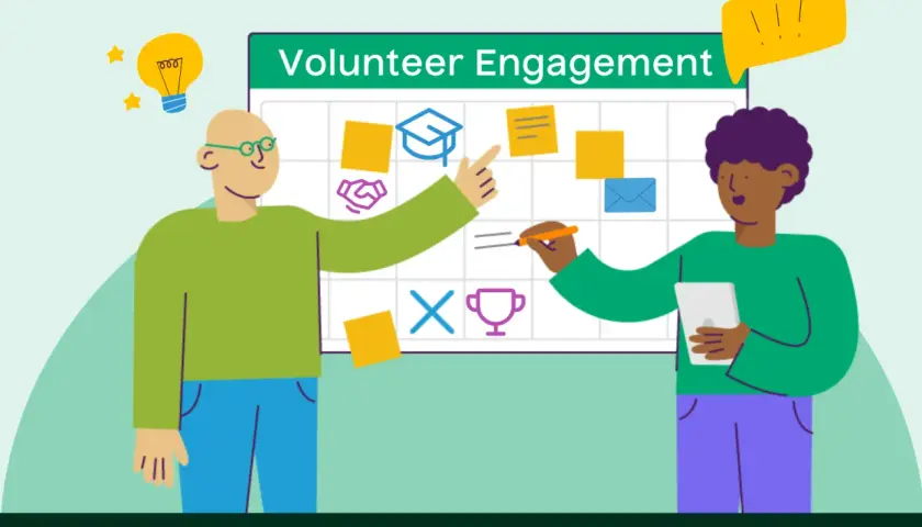 Two people are communicating with volunteers, planning activities on a whiteboard with icons for graduation, handshake, and awards.