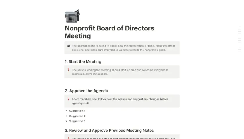 A nonprofit board meeting agenda template outlines key discussion points like starting the meeting, approving the agenda, and reviewing previous notes.