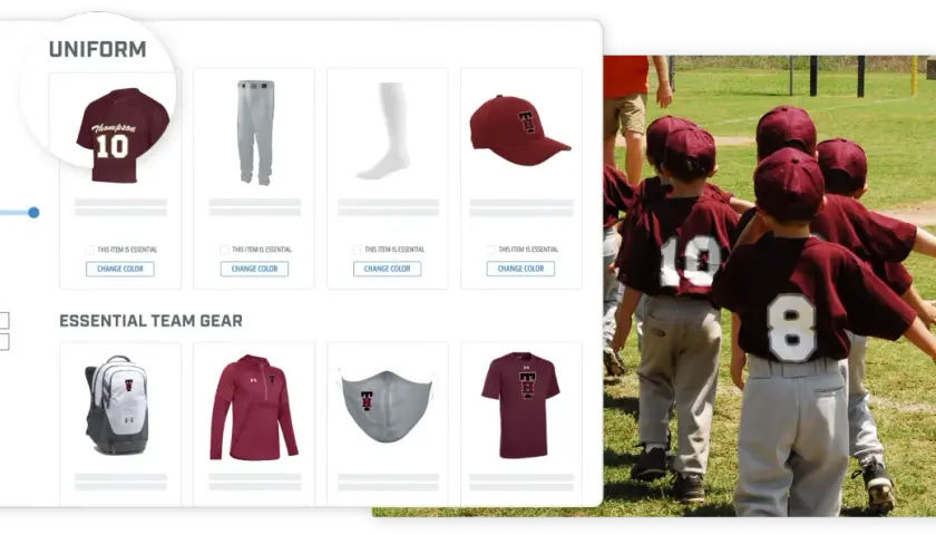 Young baseball players in maroon uniforms, perfect for youth football fundraising ideas. The screen shows uniform options like jerseys, pants, and caps.