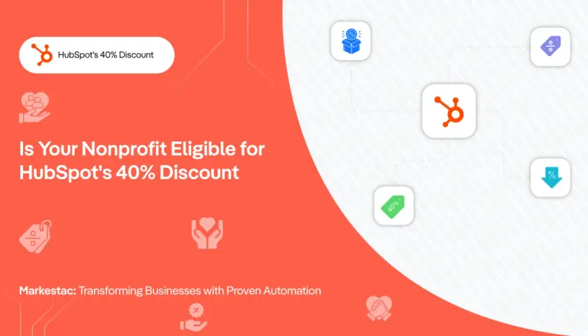 Discover if your nonprofit qualifies for HubSpot's 40% discount. This graphic highlights the offer with icons representing support and savings.