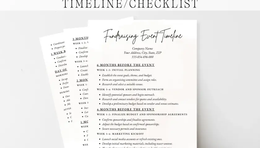 Fundraising event timeline and checklist, detailing tasks from 6 months to day-of.