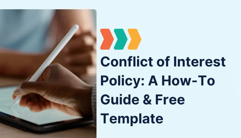 A hand signs a document on a tablet, illustrating conflict of interest policy examples.