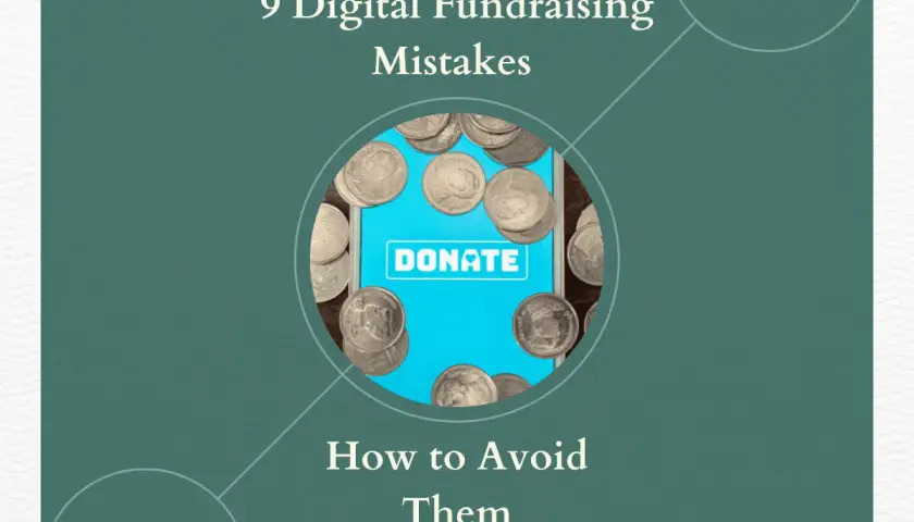 Coins surround a phone screen with a "DONATE" button, illustrating common pitfalls in an online fundraising event.