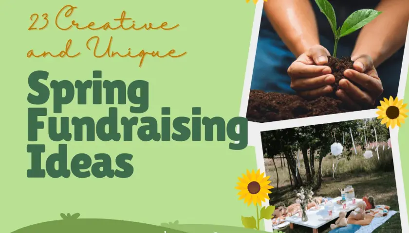 23 Creative and Unique Spring Fundraising Ideas. Image shows hands planting a seedling and a picnic setup.