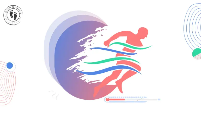 A runner in motion, symbolizing a virtual walk fundraiser. The logo "Charity Footprints" is visible.