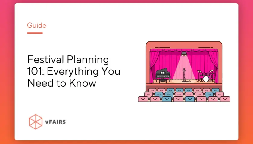 Guide to festival planning: a stage with a piano, microphone, and drums, and rows of cute audience seats. Learn how to start a festival!